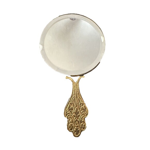 Vintage Enamel Cloisonné Flower Hand Mirror Gold Gilt Frame & Handle 4.75” Tall - Picture 2 of 5